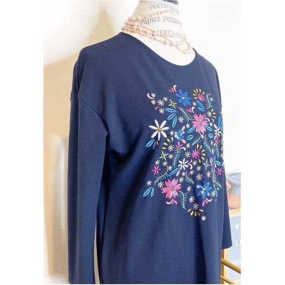 ZARA Navy Embroidered Floral Sequin Detail Longsleeves Mini Dress SM - Picture 6 of 6